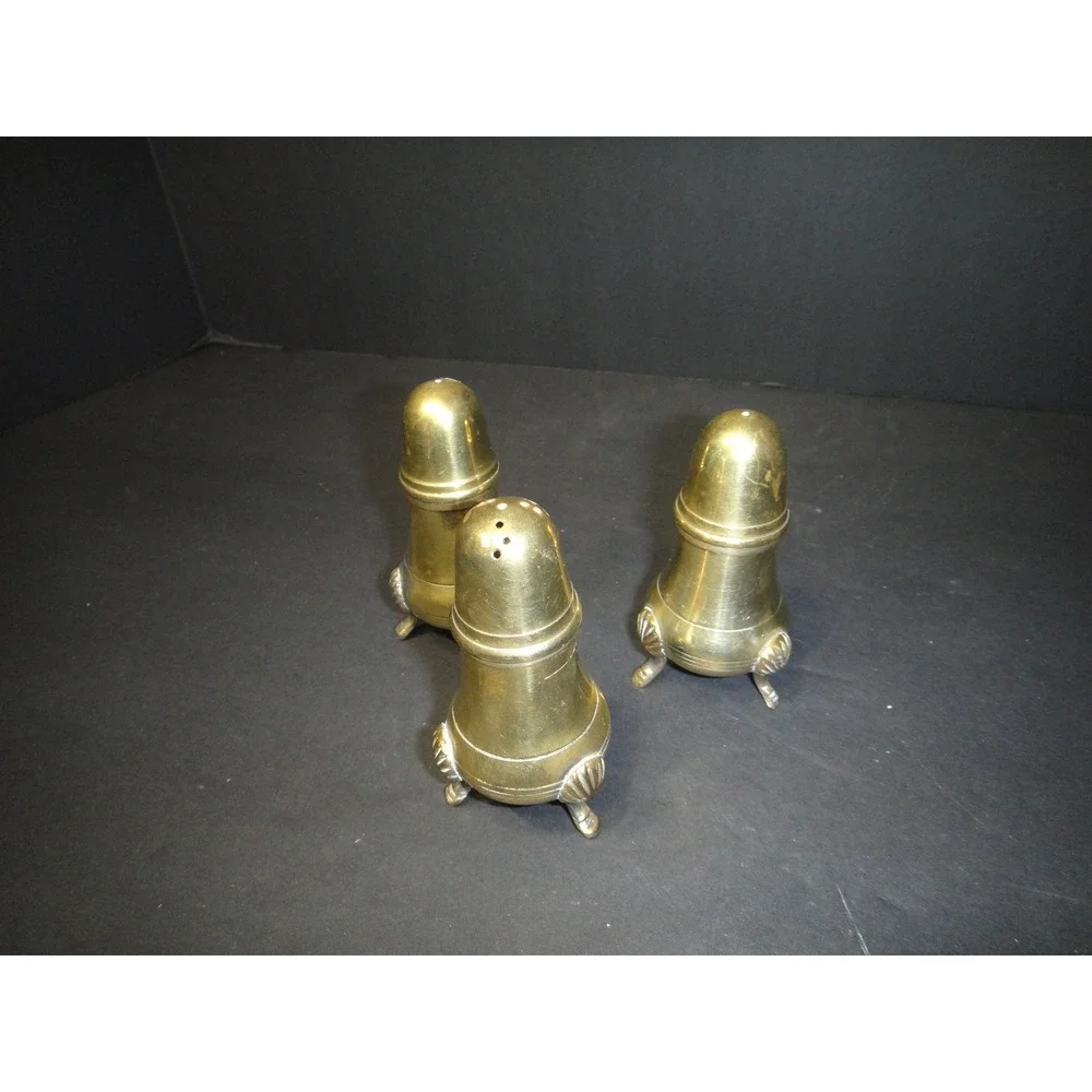 Vintage Brass Salt and Pepper Shakers Set of 3 Shell Footed Tripod Base Gold EUC